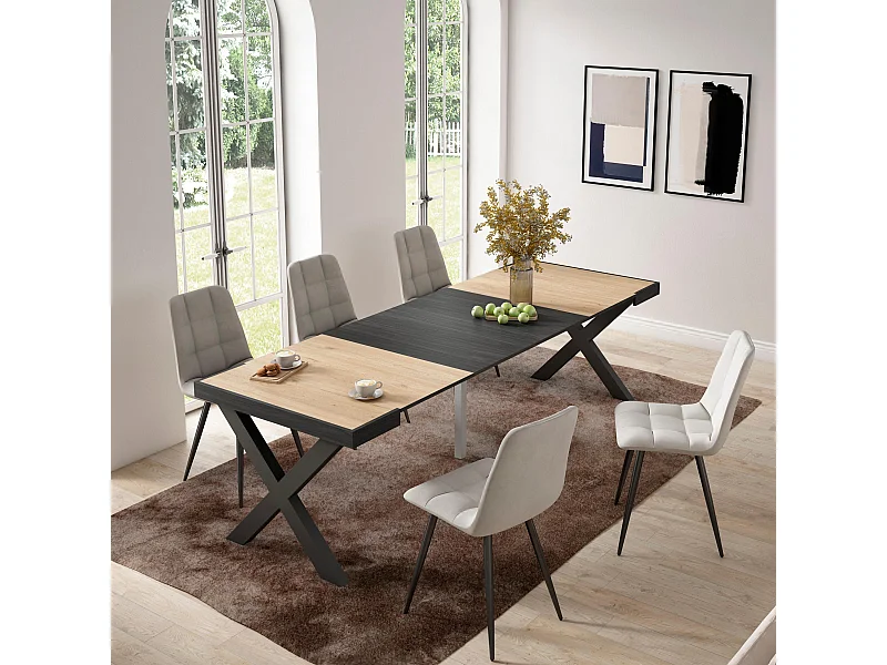 Ausziehbarertisch, 262x90x73cm, Für 12 Gäste, Massivholz Beine, Eiche Schwarz