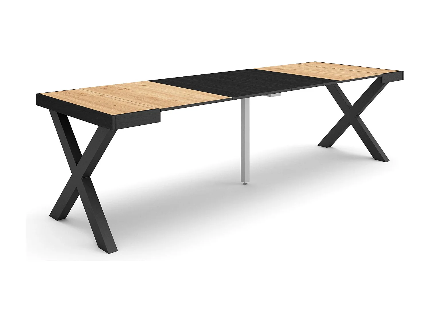 Uitschuifbare Consoletafel, 262x90x73cm, Voor 12 personen, Massief houten poten, Eiken/Zwart