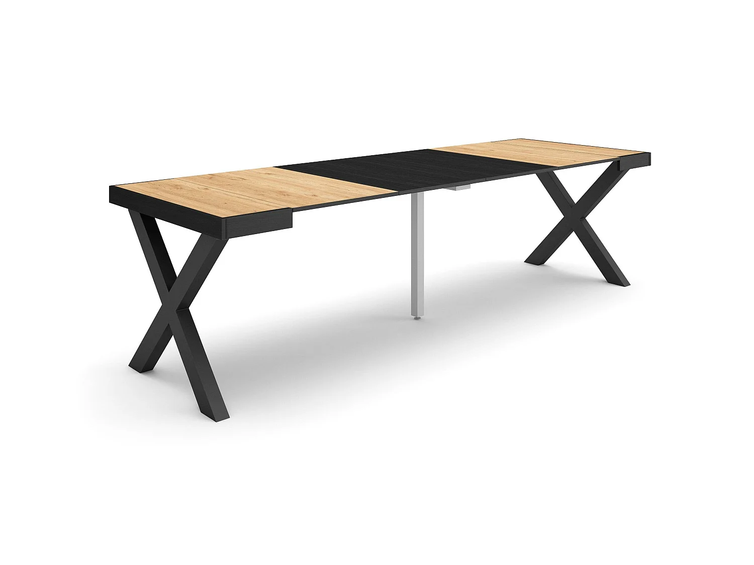 Table console extensible, 262x90x73cm, Pour 12 personnes, Pieds bois massif, Chêne et noir