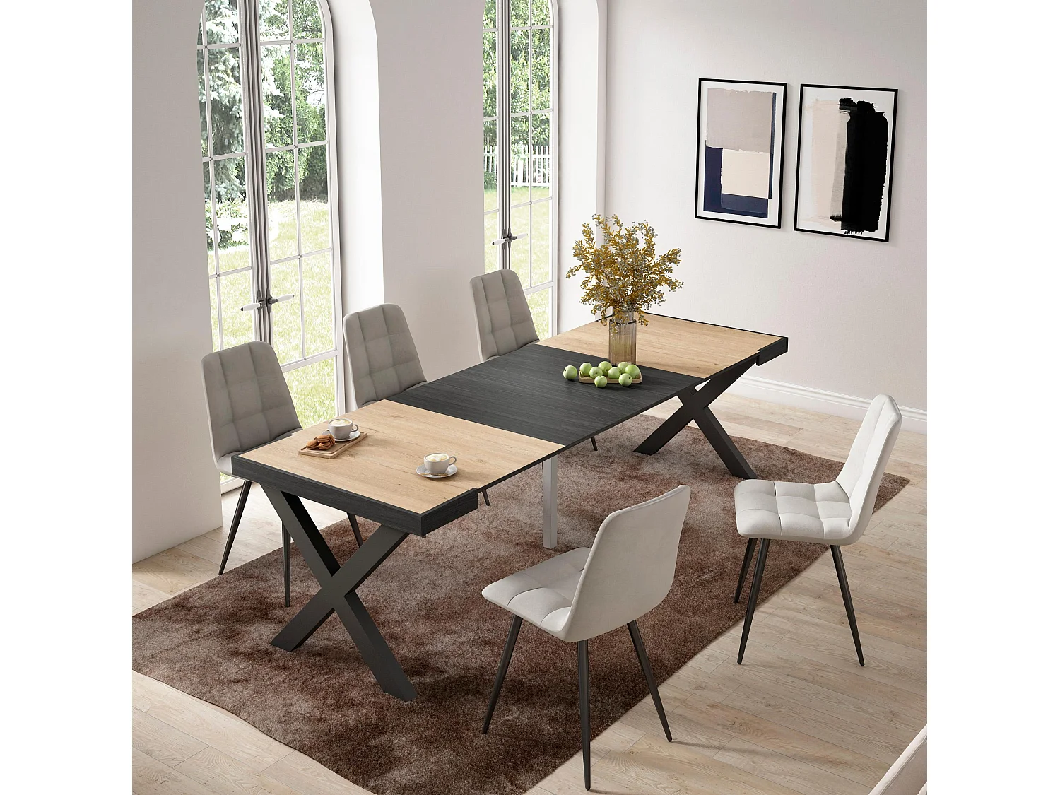 Table console extensible, 262x90x73cm, Pour 12 personnes, Pieds bois massif, Chêne et noir