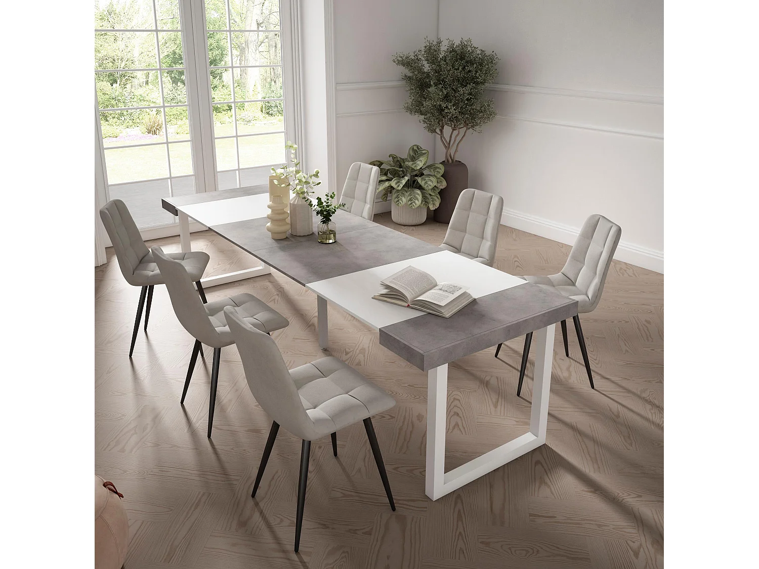 Table console extensible, 302x90x73cm, Pour 14 personnes, Pieds bois massif, Ciment