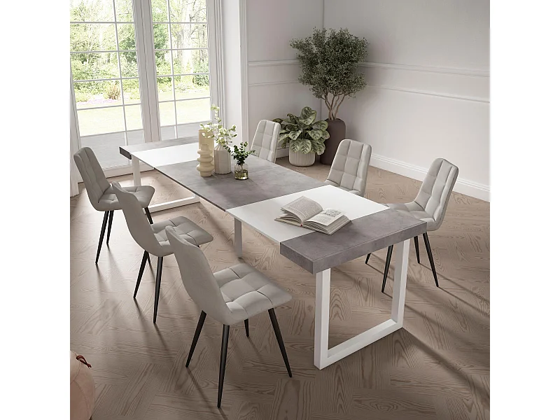 Mesa Consola Extensível, 302x90x73cm, Para 14 pessoas, Pés de madeira, Cimento