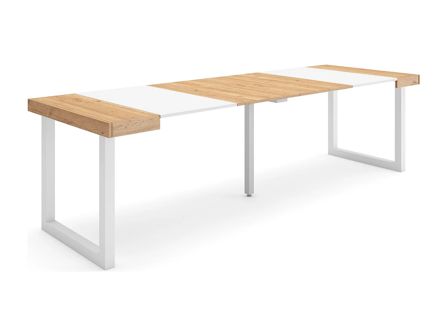 Uitschuifbare Consoletafel, 262x90x73cm, Voor 12 personen, Massief houten poten, Eiken/Wit