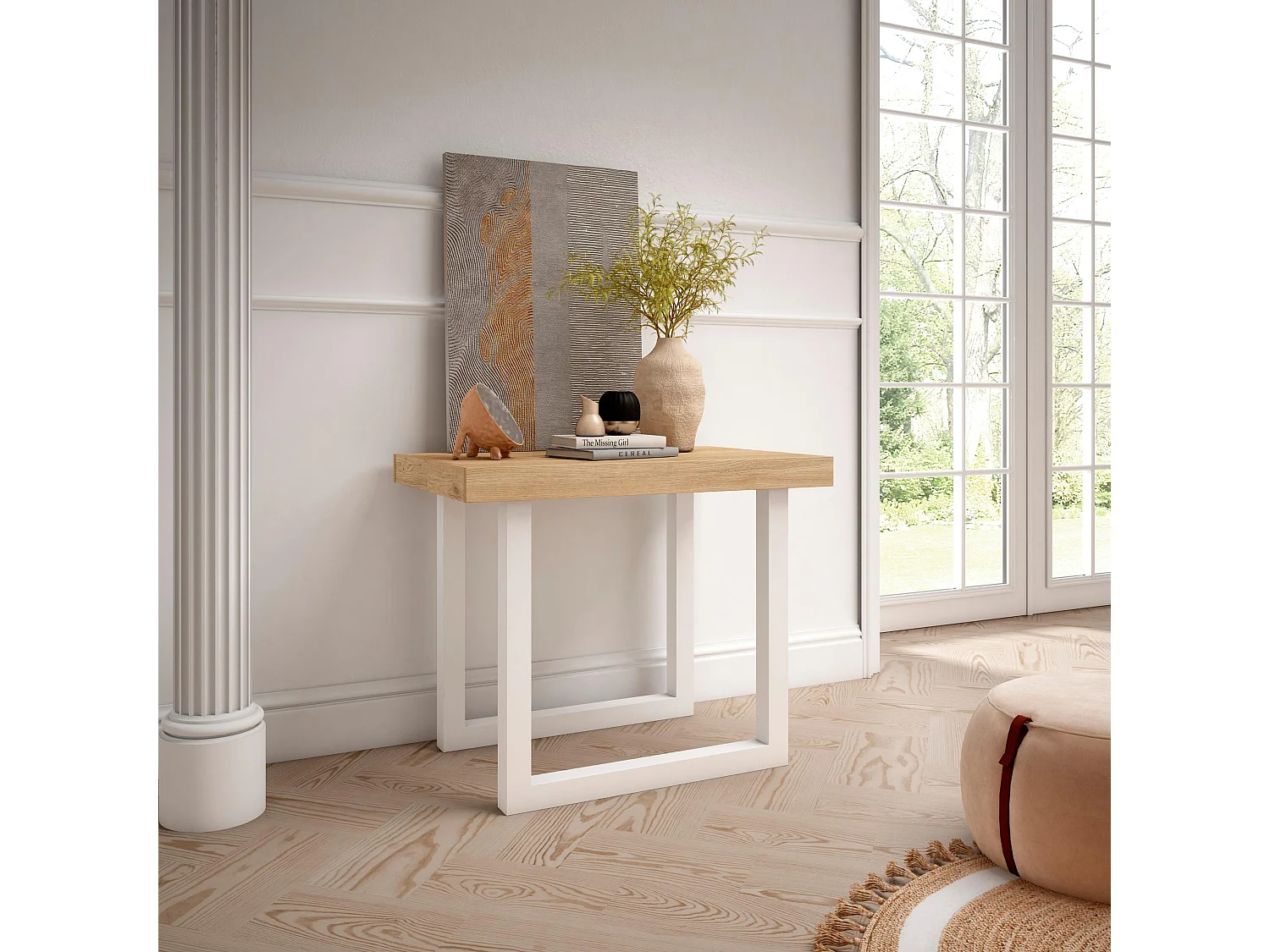 Consolle allungabile, 262x90x73cm, Per 12 persone, Gambe in legno, Rovere e bianco