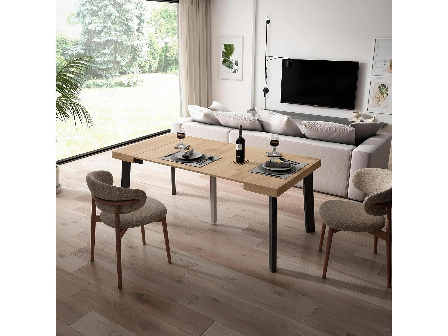 Mesa Consola extensible, 180x90x73cm, Para 8 comensales, Patas de madera, Roble