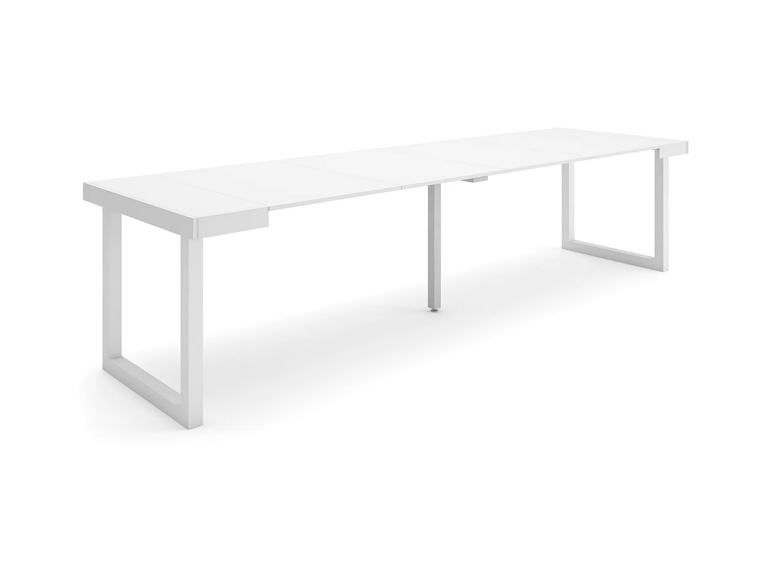 Table console extensible, 302x90x73cm, Pour 14 personnes, Pieds bois massif, Blanc