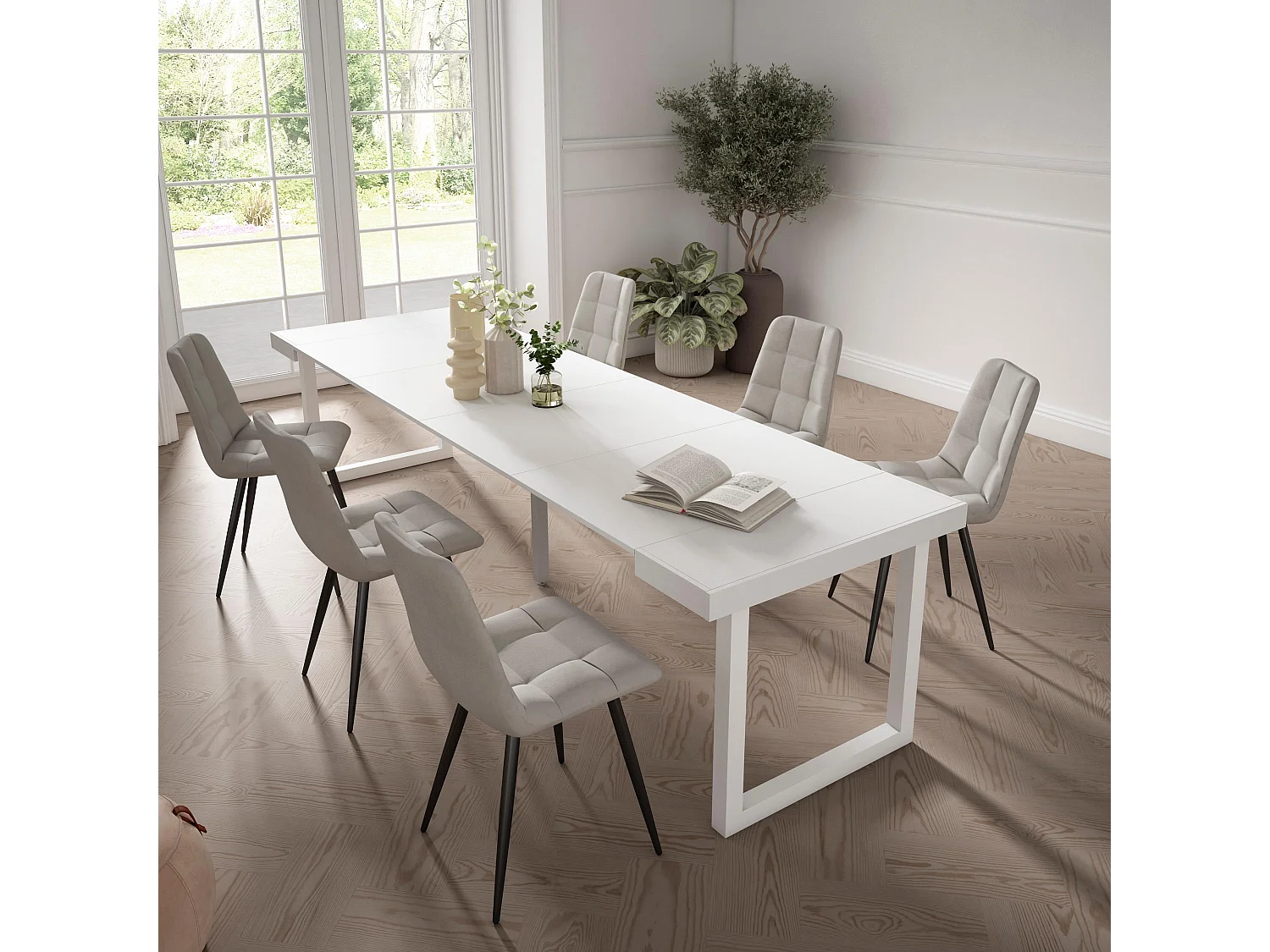 Table console extensible, 302x90x73cm, Pour 14 personnes, Pieds bois massif, Blanc