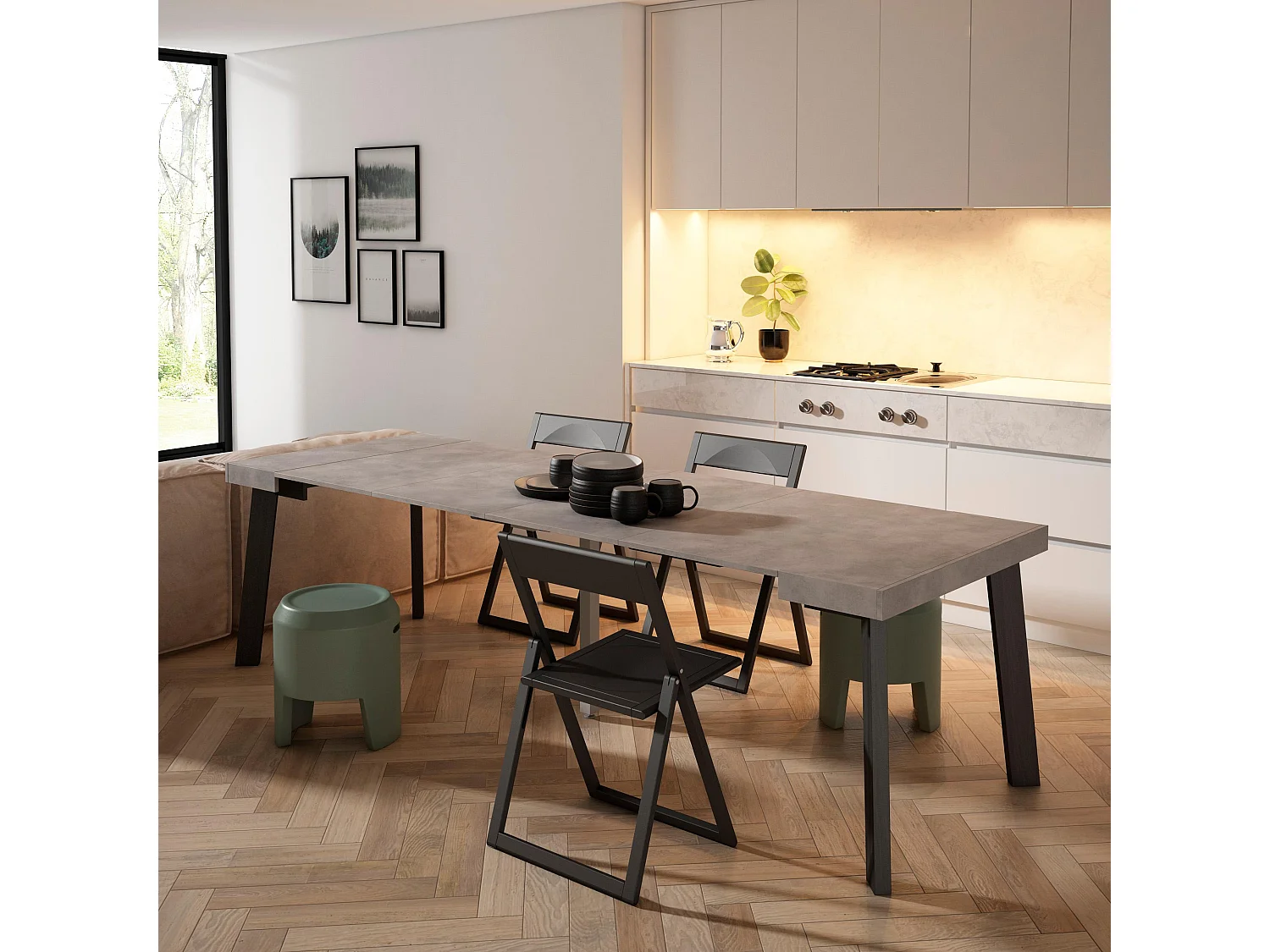 Ausziehbarertisch, 262x90x73cm, Für 12 Gäste, Hölzerne Beine, Zement