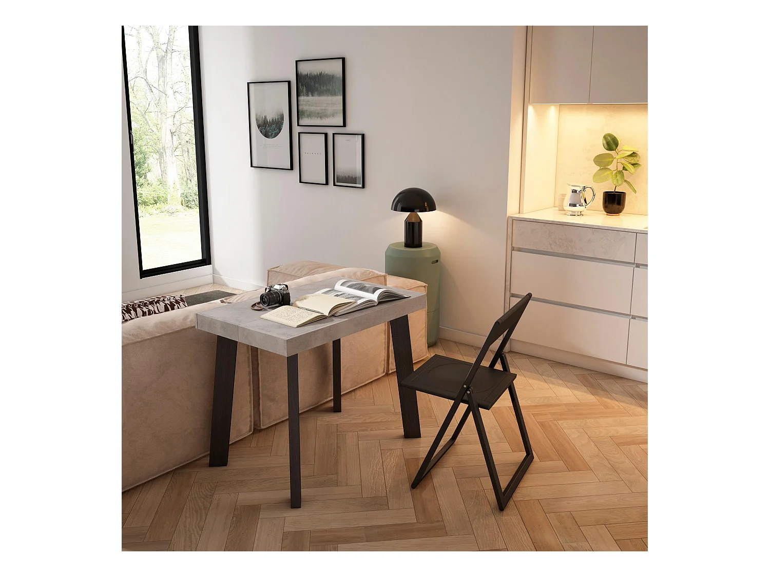 Ausziehbarertisch, 262x90x73cm, Für 12 Gäste, Hölzerne Beine, Zement