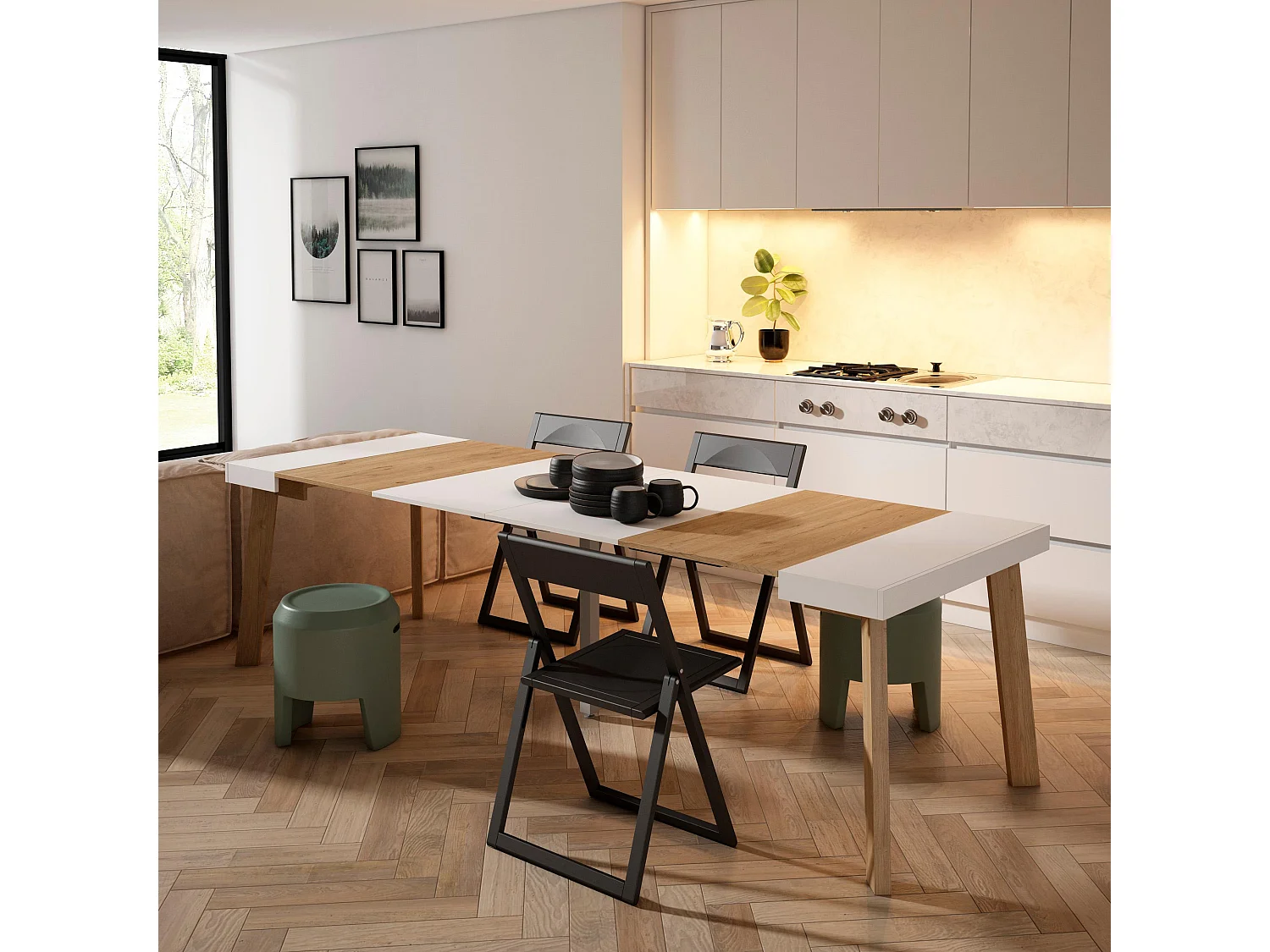 Table console extensible, 262x90x73cm, Pour 12 personnes, Pieds en bois, Chêne et blanc