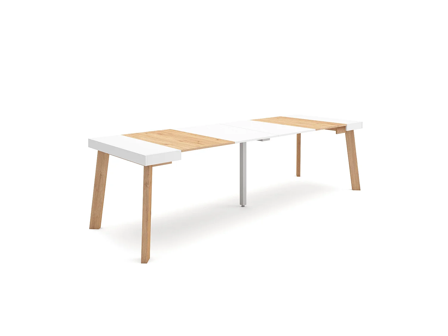 Table console extensible, 262x90x73cm, Pour 12 personnes, Pieds en bois, Chêne et blanc