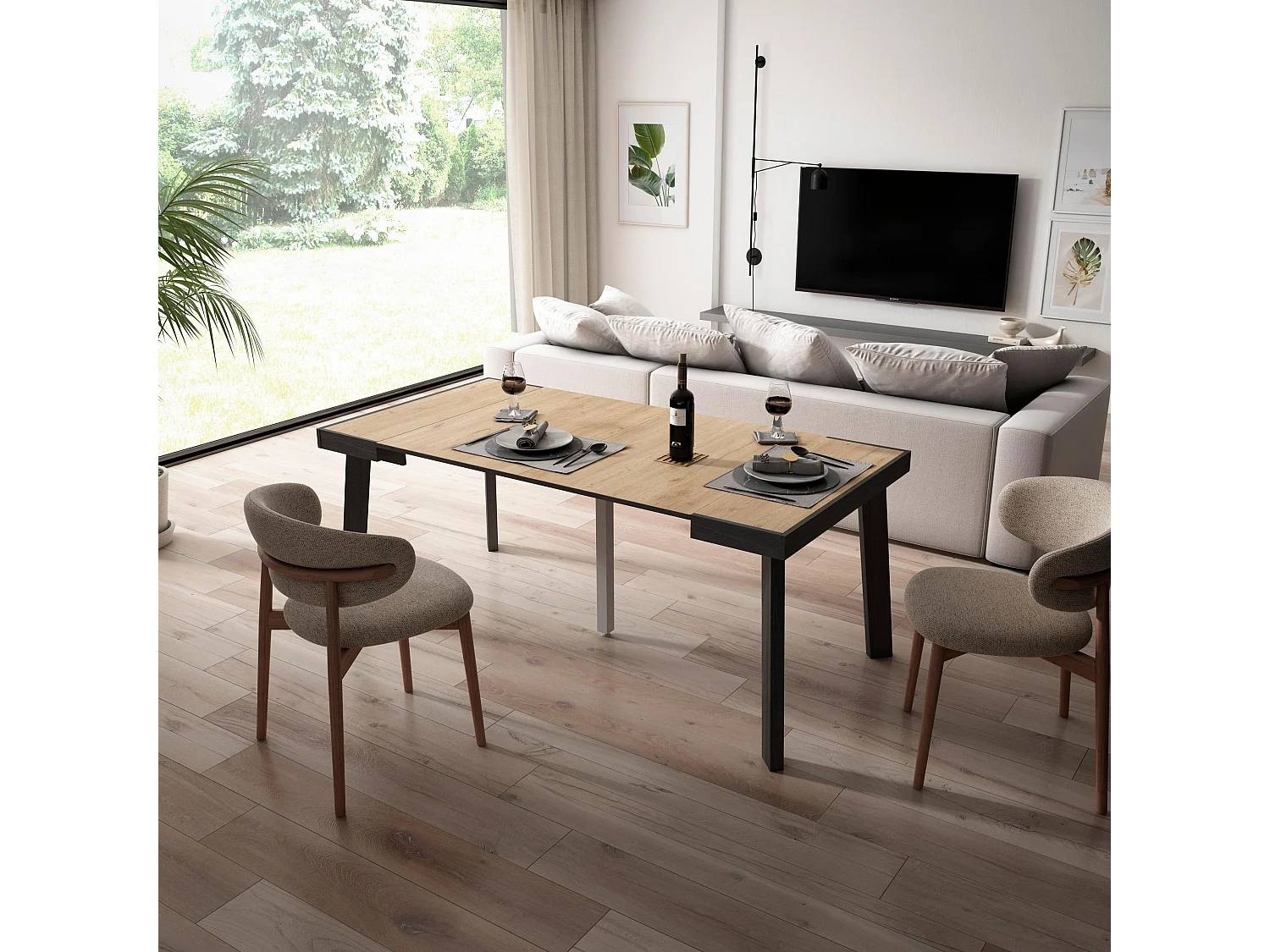 Table console extensible, 180x90x73cm, Pour 8 personnes, Pieds en bois, Chêne