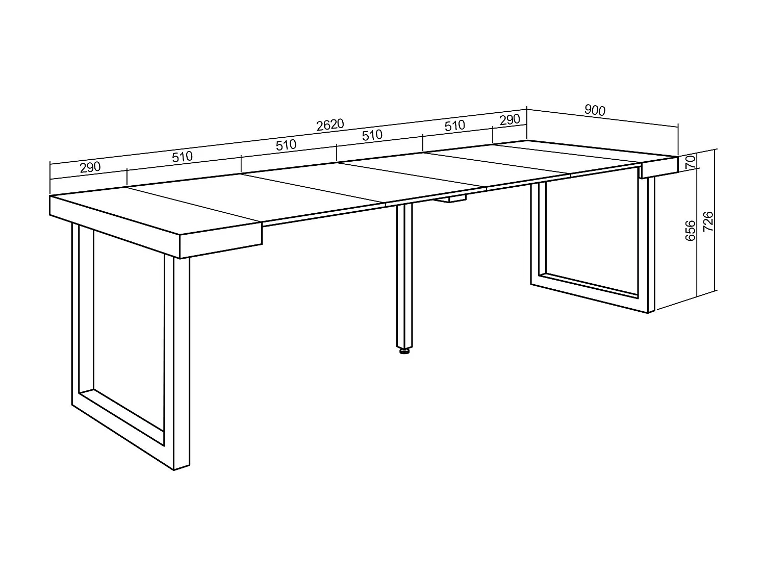 Table console extensible, 262x90x73cm, Pour 12 personnes, Pieds bois massif, Chêne