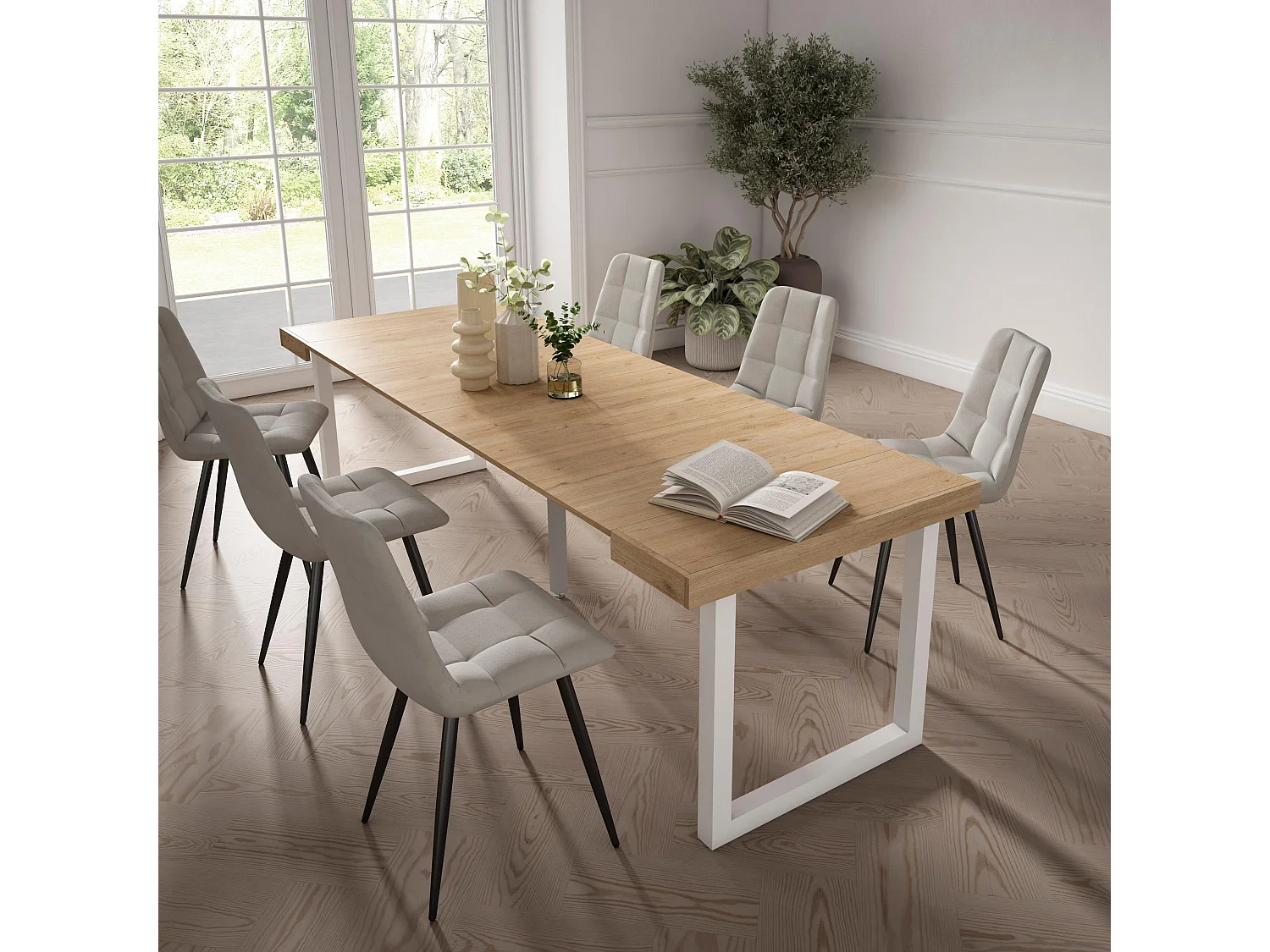 Uitschuifbare Consoletafel, 262x90x73cm, Voor 12 personen, Massief houten poten, Eiken