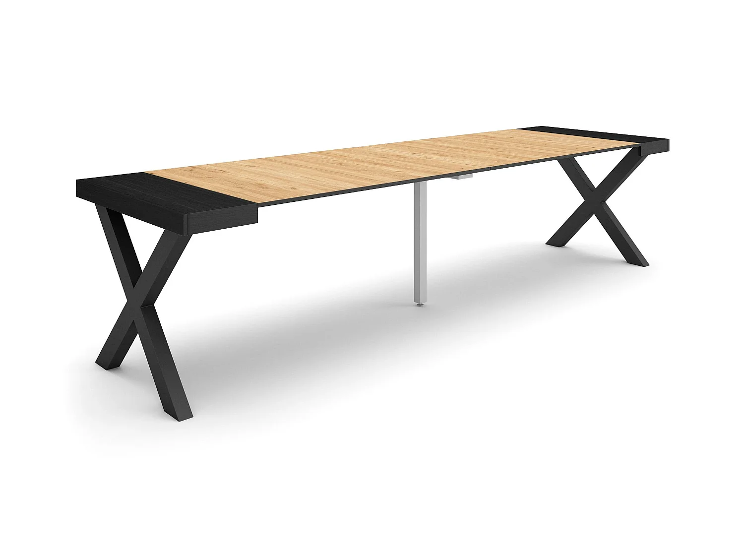Table console extensible, 302x90x73cm, Pour 14 personnes, Pieds bois massif, Noir et chêne