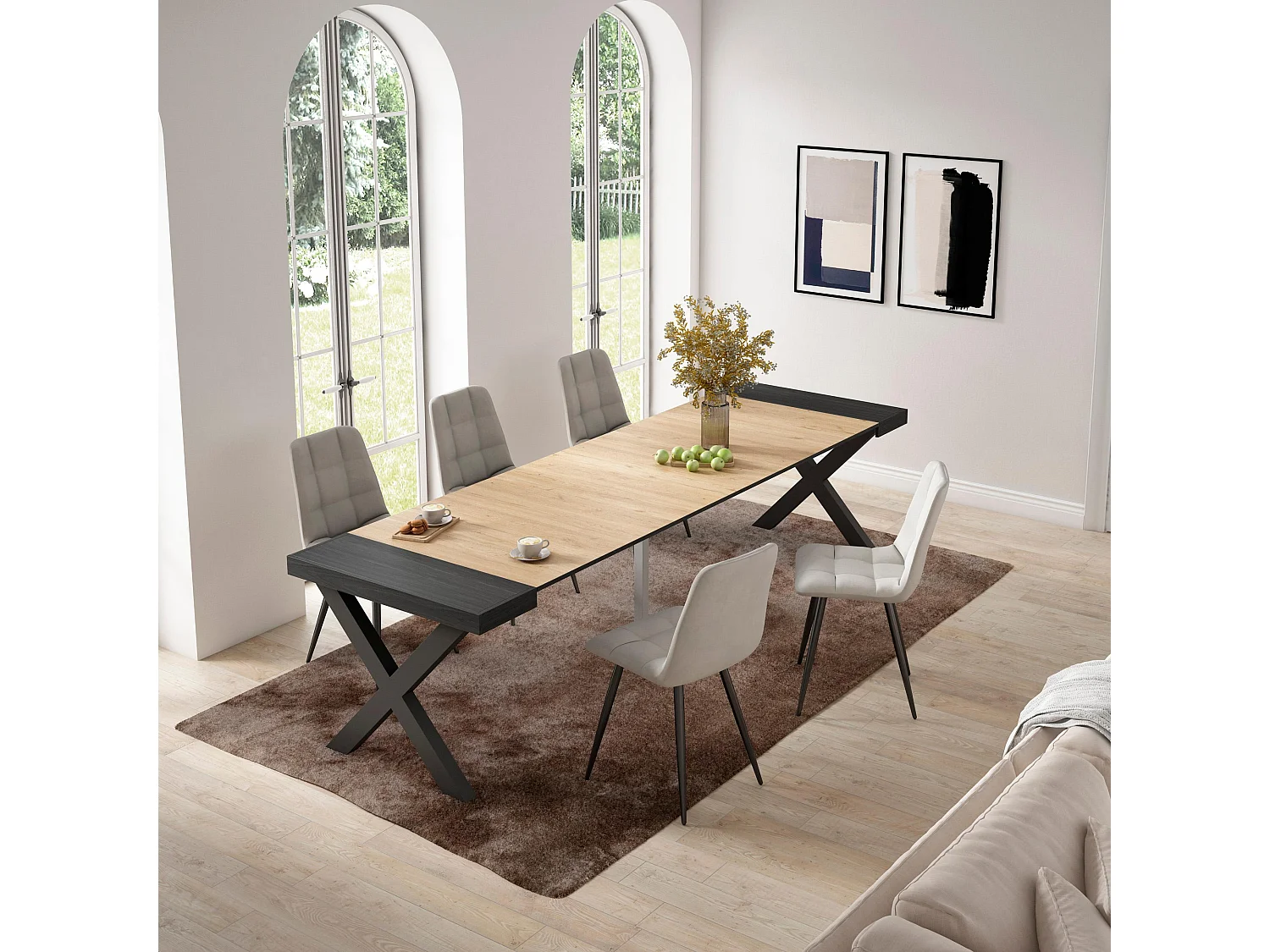 Table console extensible, 302x90x73cm, Pour 14 personnes, Pieds bois massif, Noir et chêne