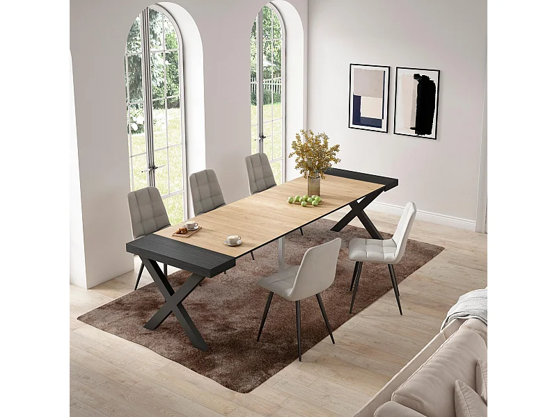 Table console extensible, 302x90x73cm, Pour 14 personnes, Pieds bois massif, Noir et chêne