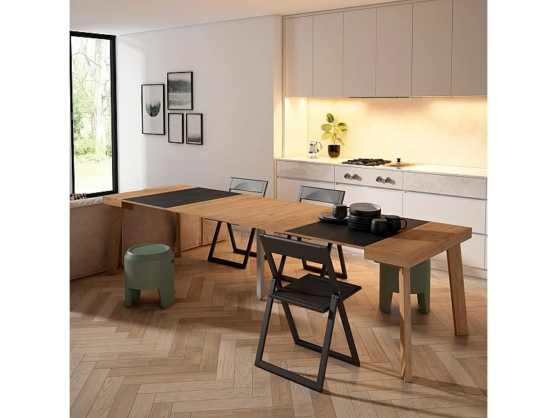 Uitschuifbare Consoletafel, 302x90x73cm, Voor 14 personen, Houten poten, Eiken/Zwart