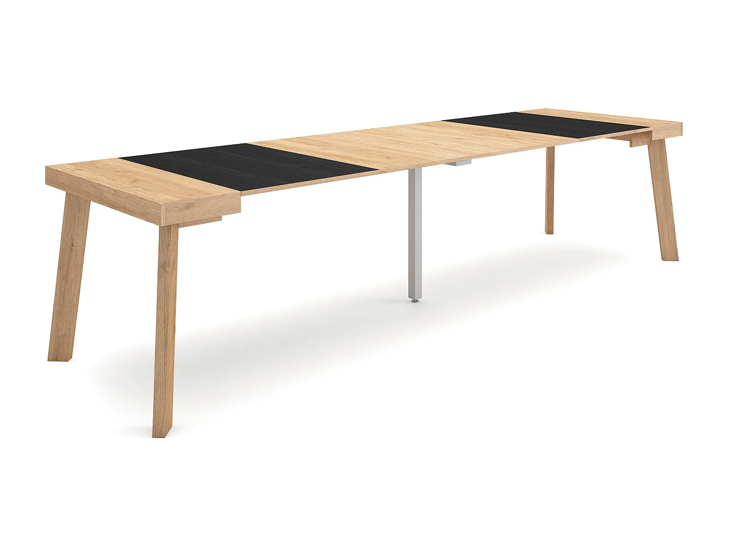 Table console extensible, 302x90x73cm, Pour 14 personnes, Pieds en bois, Chêne et noir