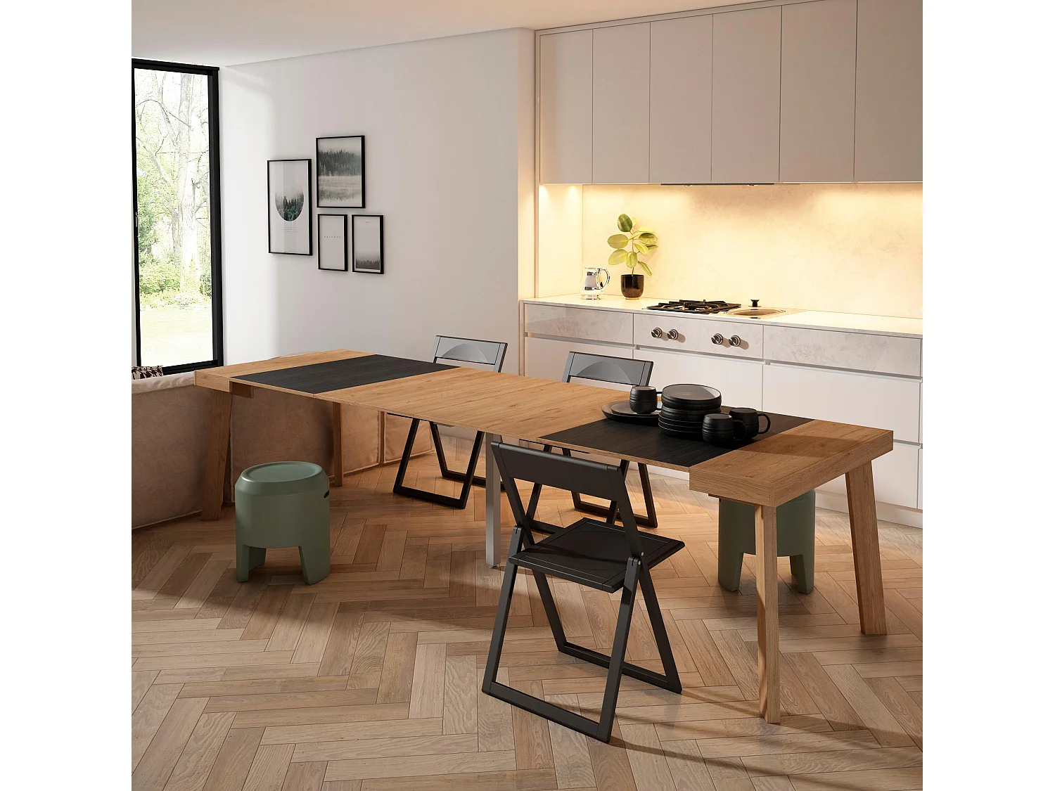 Table console extensible, 302x90x73cm, Pour 14 personnes, Pieds en bois, Chêne et noir