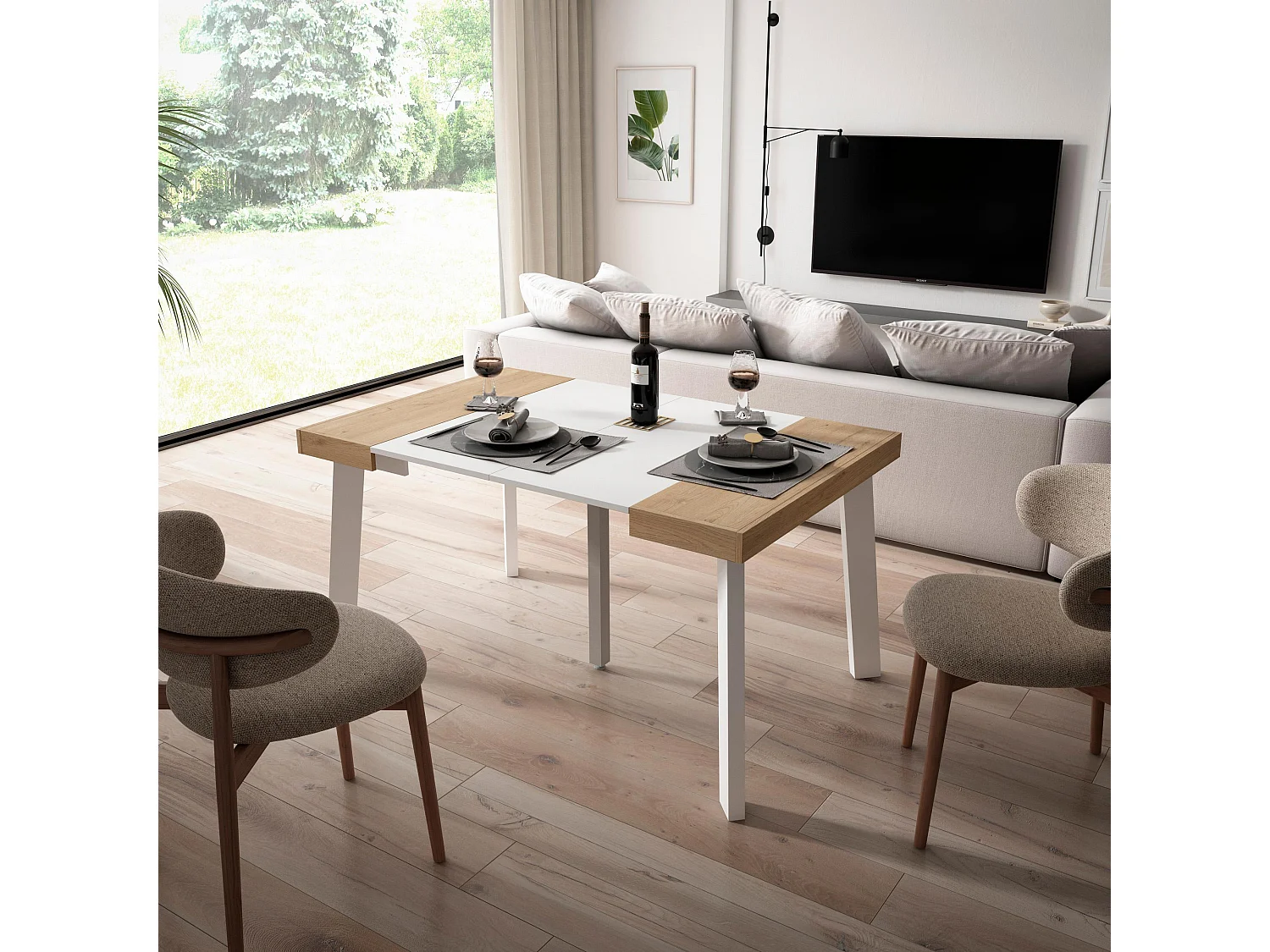 Table console extensible, 140x90x73cm, Pour 6 personnes, Pieds en bois, Chêne et blanc