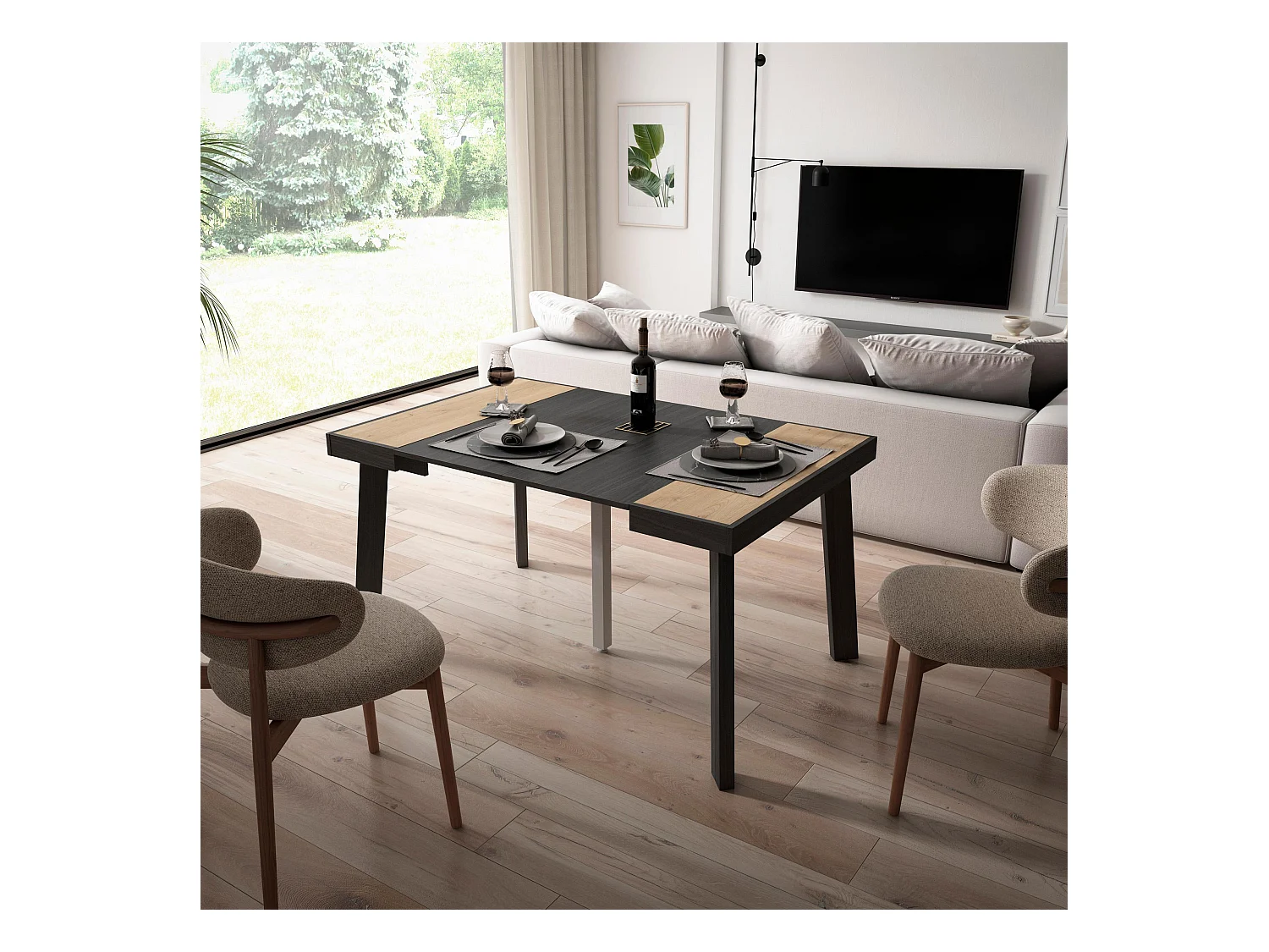 Table console extensible, 140x90x73cm, Pour 6 personnes, Pieds en bois, Chêne et noir