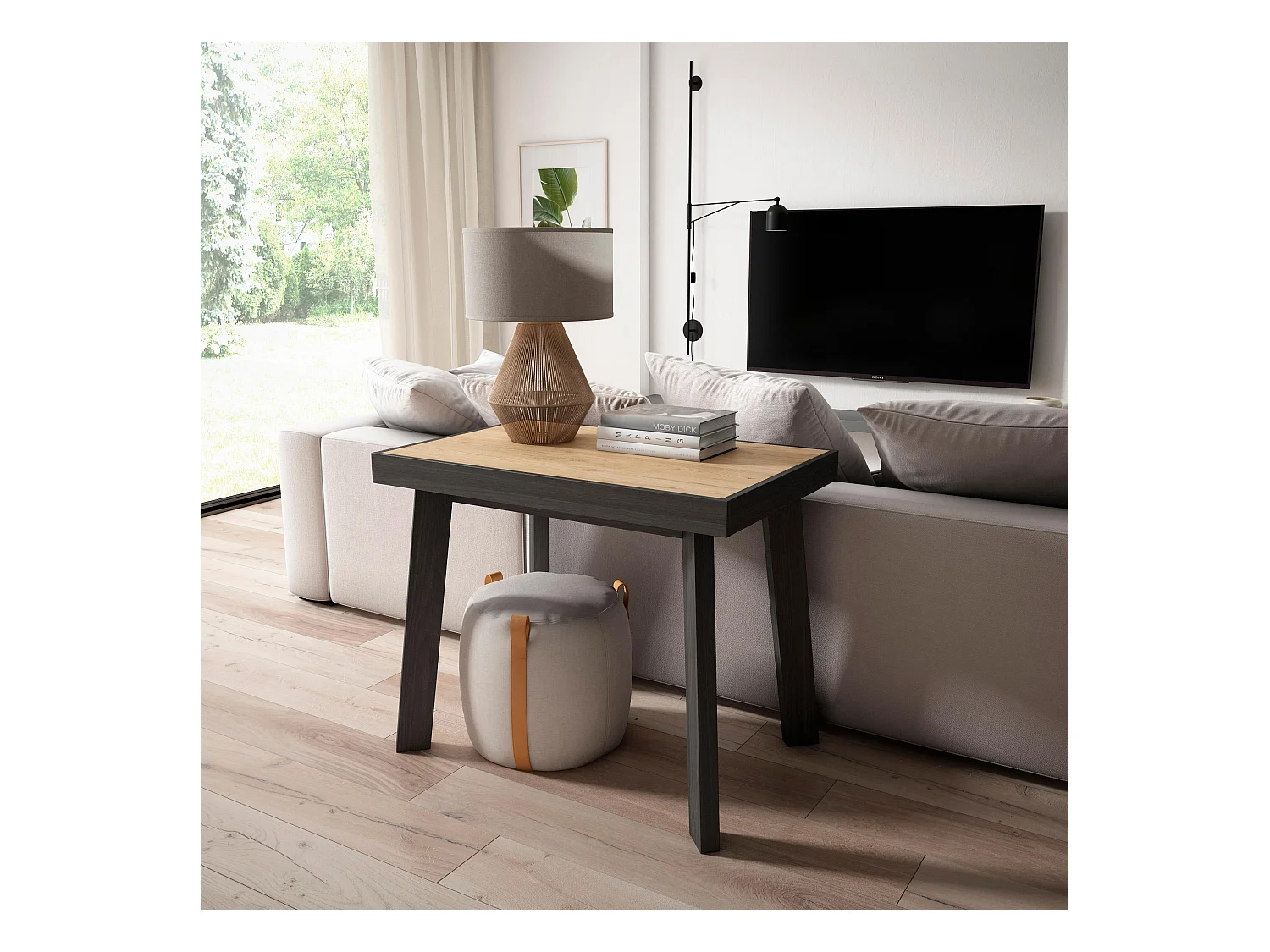 Uitschuifbare Consoletafel, 140x90x73cm, Voor 6 personen, Houten poten, Eiken/Zwart