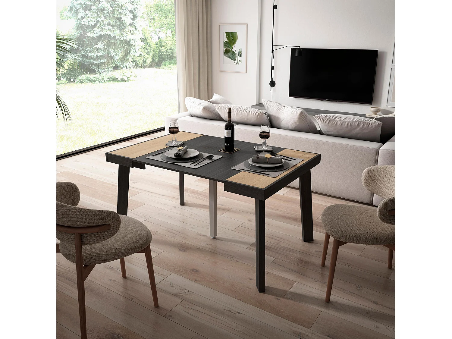 Table console extensible, 140x90x73cm, Pour 6 personnes, Pieds en bois, Chêne et noir