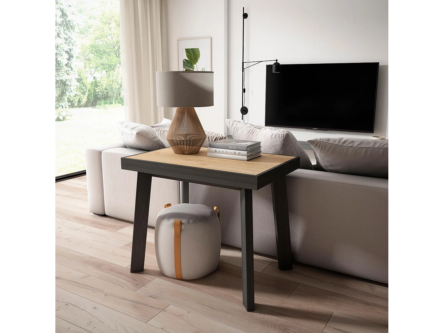 Table console extensible, 140x90x73cm, Pour 6 personnes, Pieds en bois, Chêne et noir