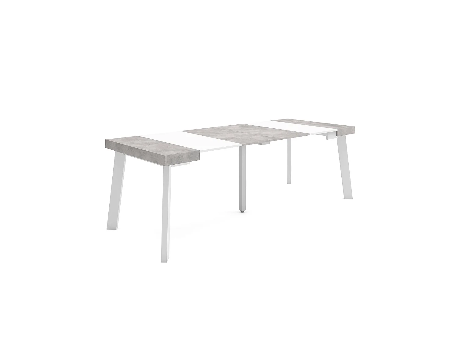 Table console extensible, 222x90x73cm, Pour 10 personnes, Pieds en bois, Blanc et ciment