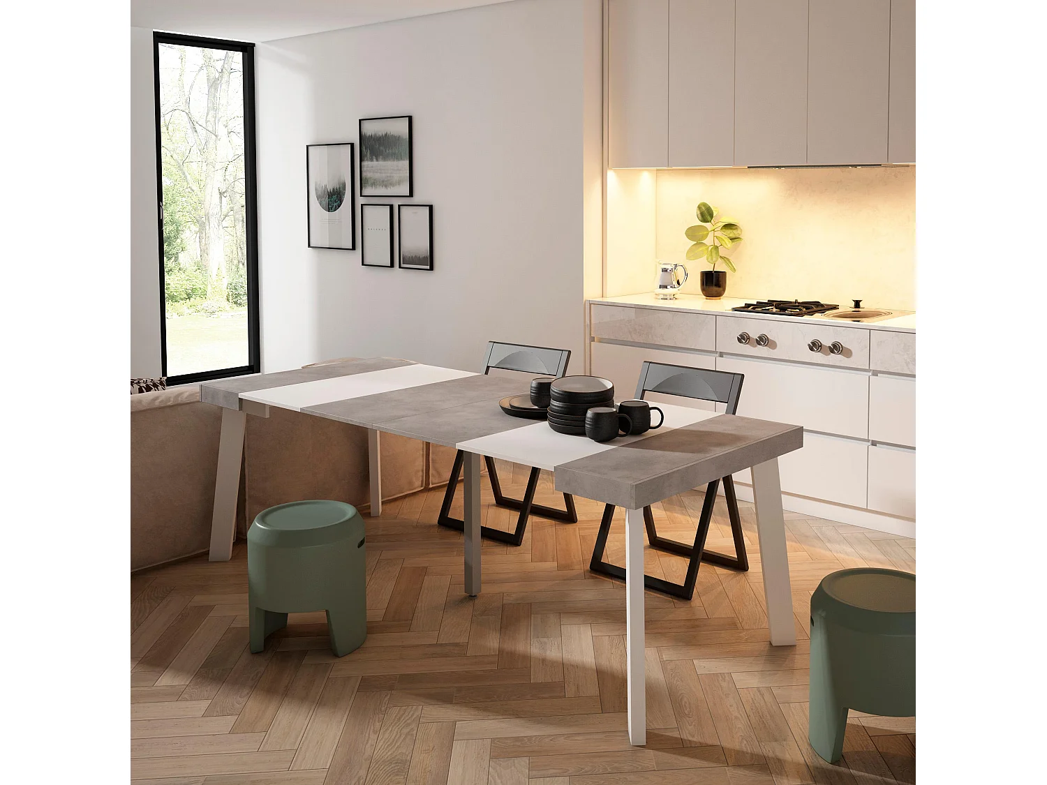 Table console extensible, 222x90x73cm, Pour 10 personnes, Pieds en bois, Blanc et ciment