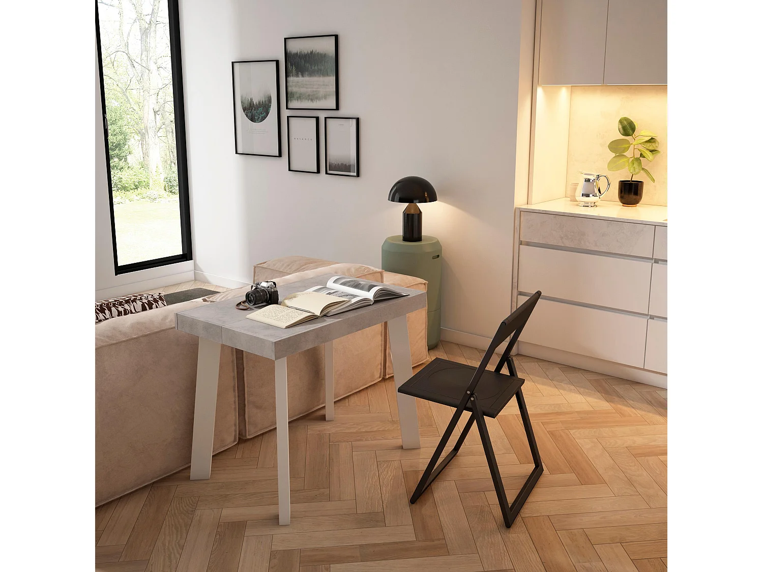 Table console extensible, 222x90x73cm, Pour 10 personnes, Pieds en bois, Blanc et ciment