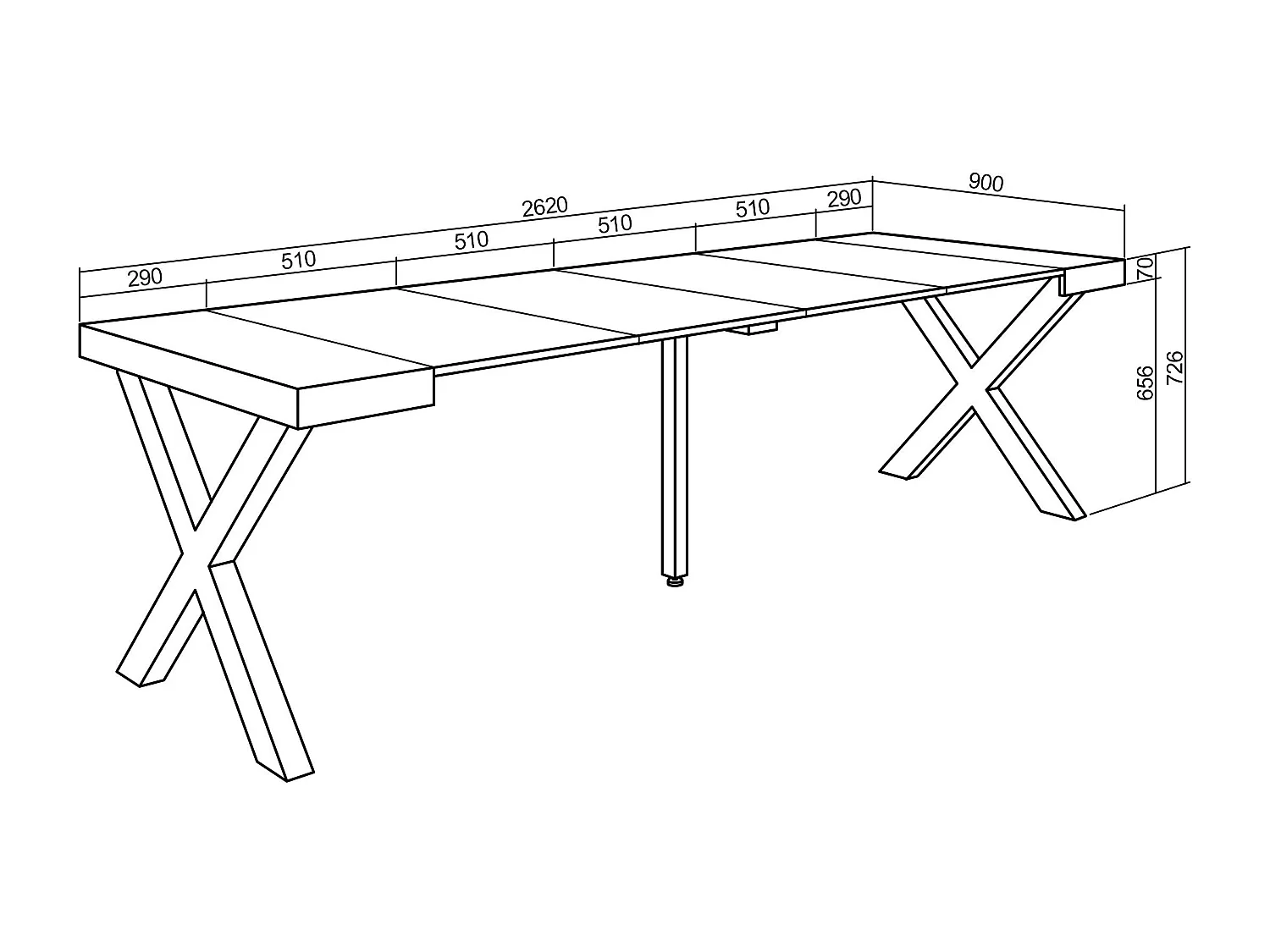 Uitschuifbare Consoletafel, 262x90x73cm, Voor 12 personen, Massief houten poten, Eiken