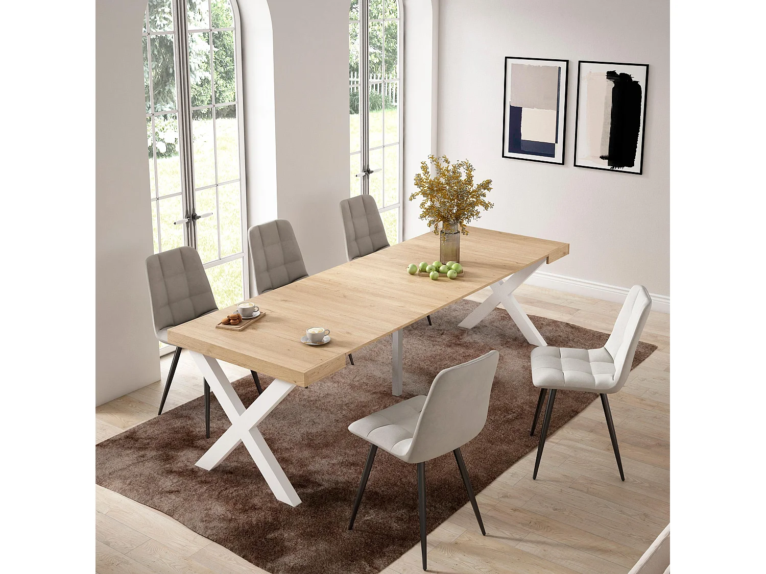 Uitschuifbare Consoletafel, 262x90x73cm, Voor 12 personen, Massief houten poten, Eiken