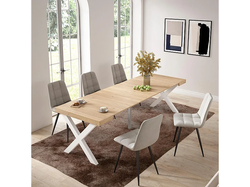 Uitschuifbare Consoletafel, 262x90x73cm, Voor 12 personen, Massief houten poten, Eiken