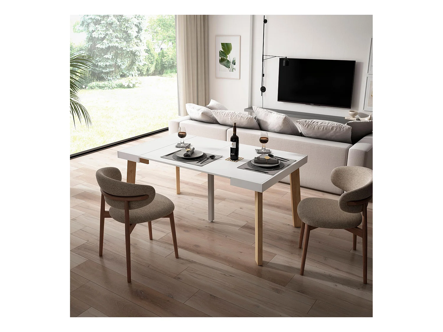 Table console extensible, 160x90x73cm, Pour 8 personnes, Pieds en bois, Blanc