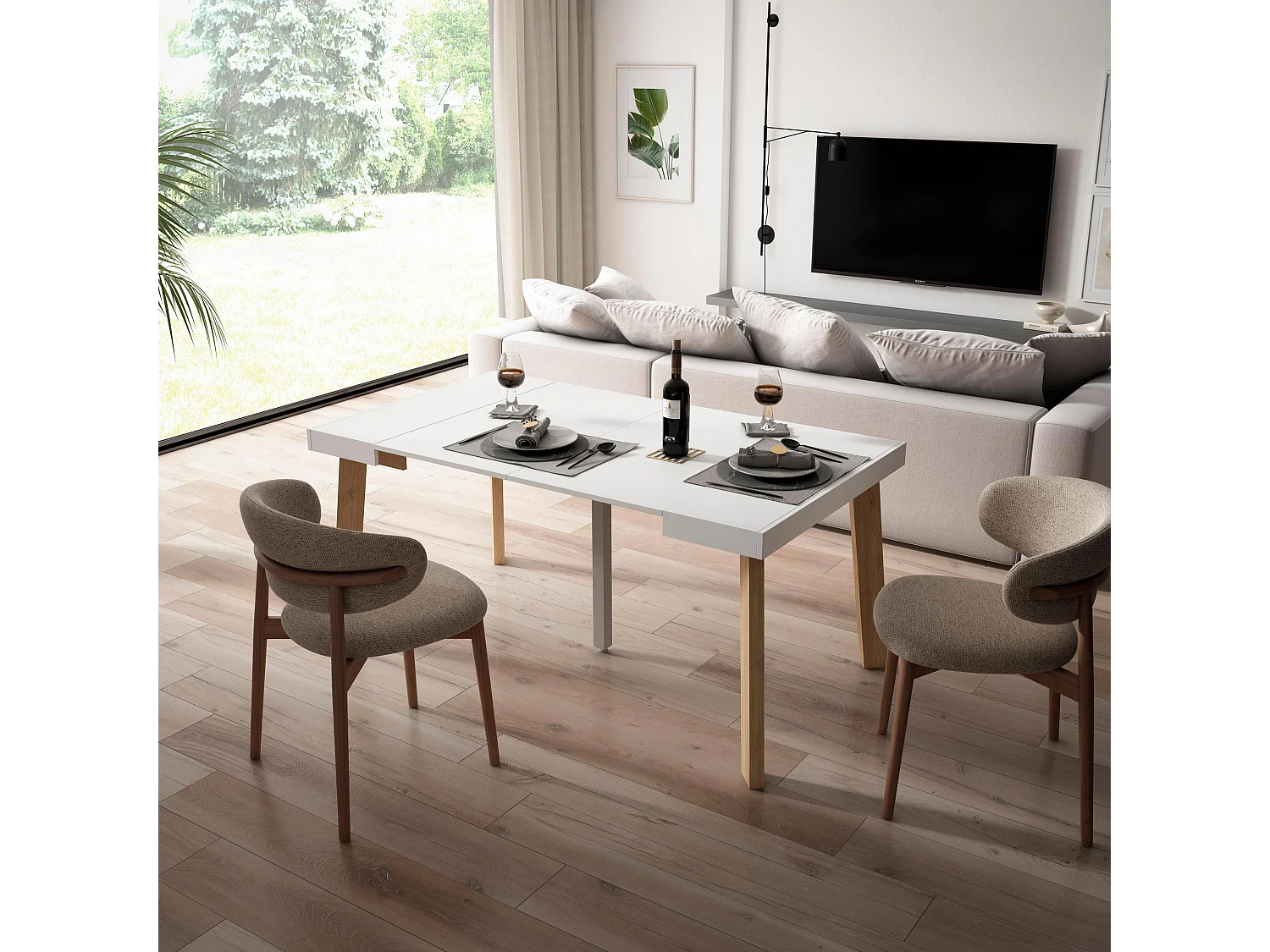 Table console extensible, 160x90x73cm, Pour 8 personnes, Pieds en bois, Blanc