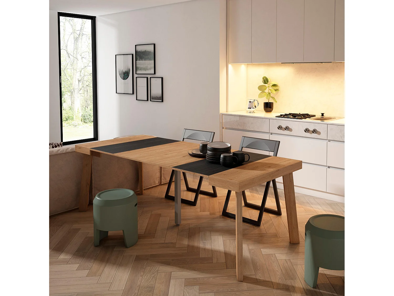 Table console extensible, 222x90x73cm, Pour 10 personnes, Pieds en bois, Chêne et noir