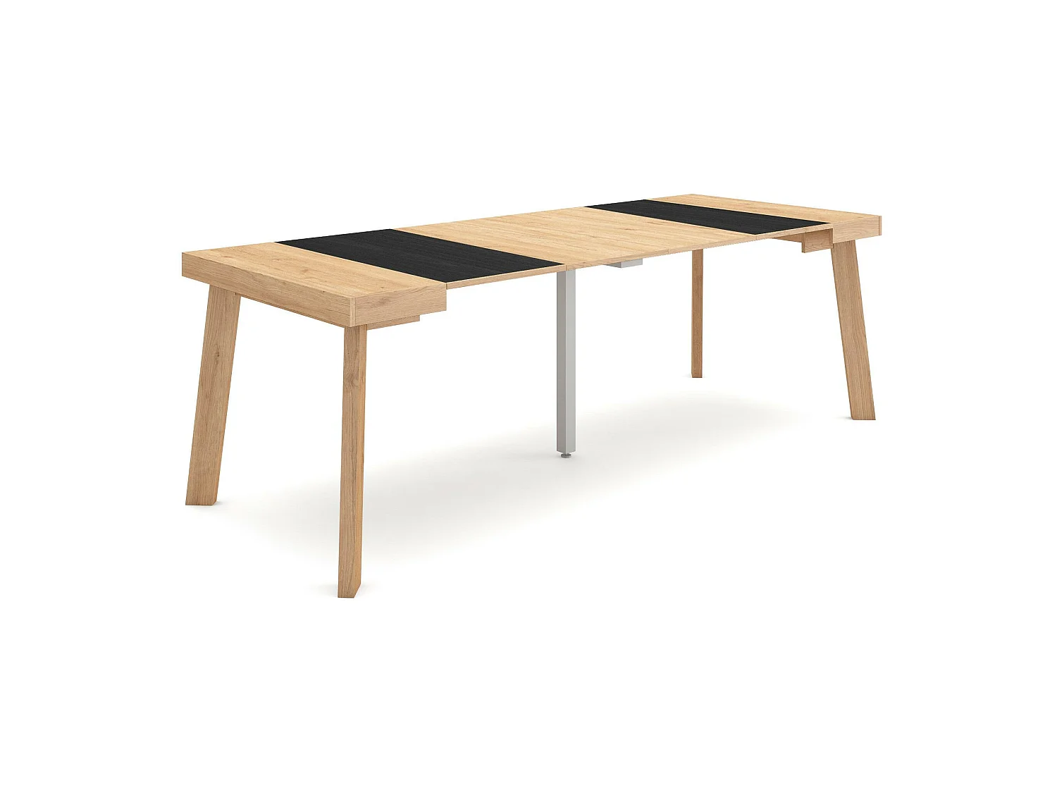 Table console extensible, 222x90x73cm, Pour 10 personnes, Pieds en bois, Chêne et noir
