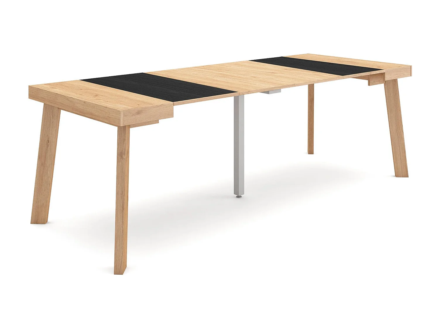 Table console extensible, 222x90x73cm, Pour 10 personnes, Pieds en bois, Chêne et noir