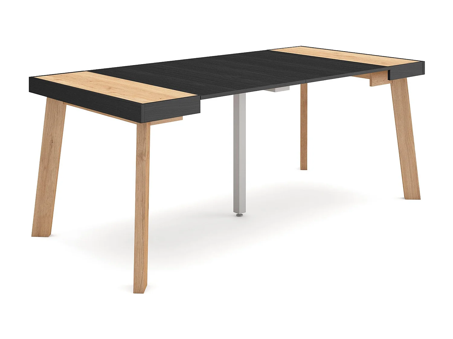 Mesa Consola extensible, 180x90x73cm, Para 8 comensales, Patas de madera, Roble y negro