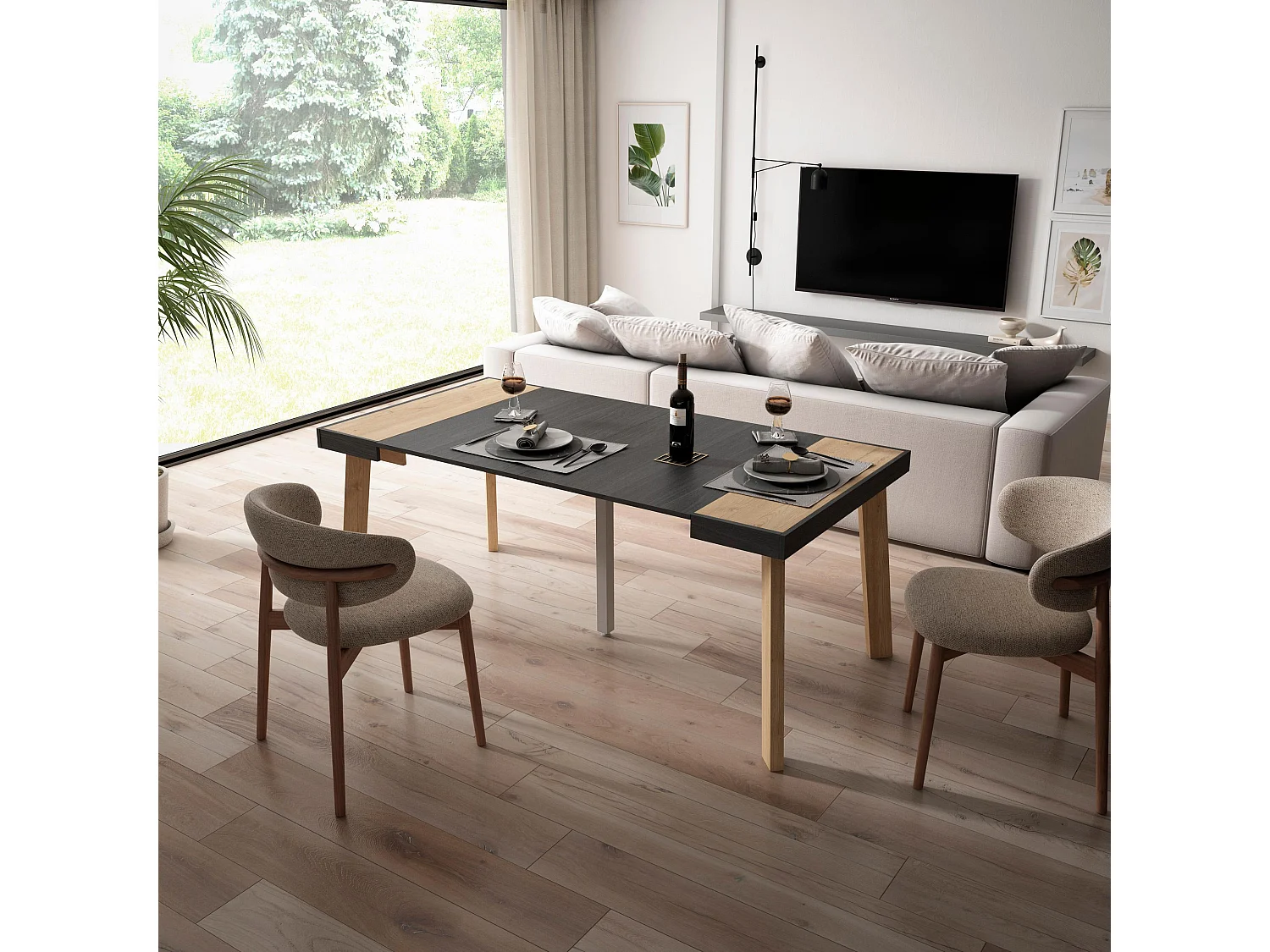 Mesa Consola extensible, 180x90x73cm, Para 8 comensales, Patas de madera, Roble y negro