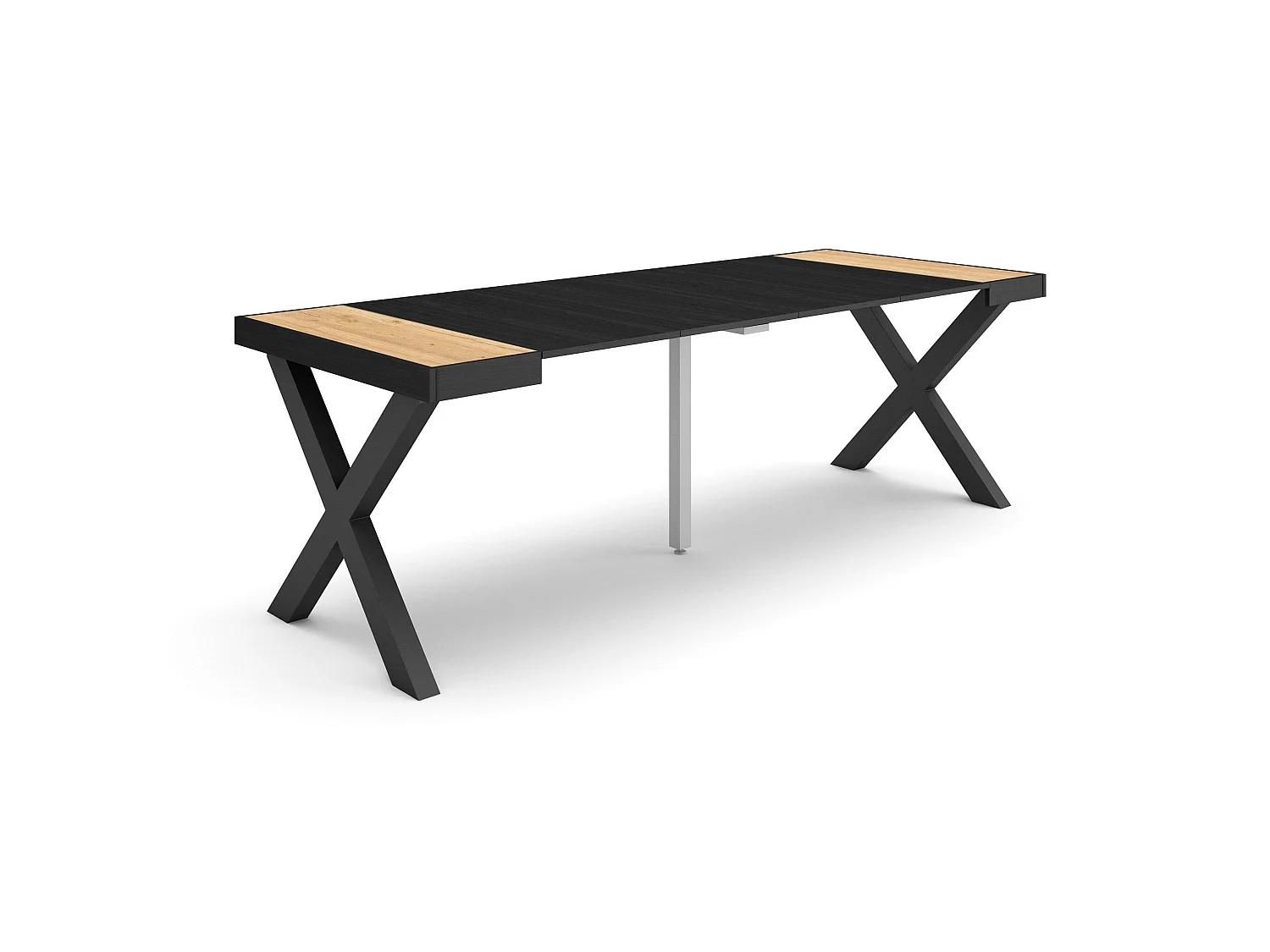 Table console extensible, 222x90x73cm, Pour 10 personnes, Pieds bois massif, Chêne et noir