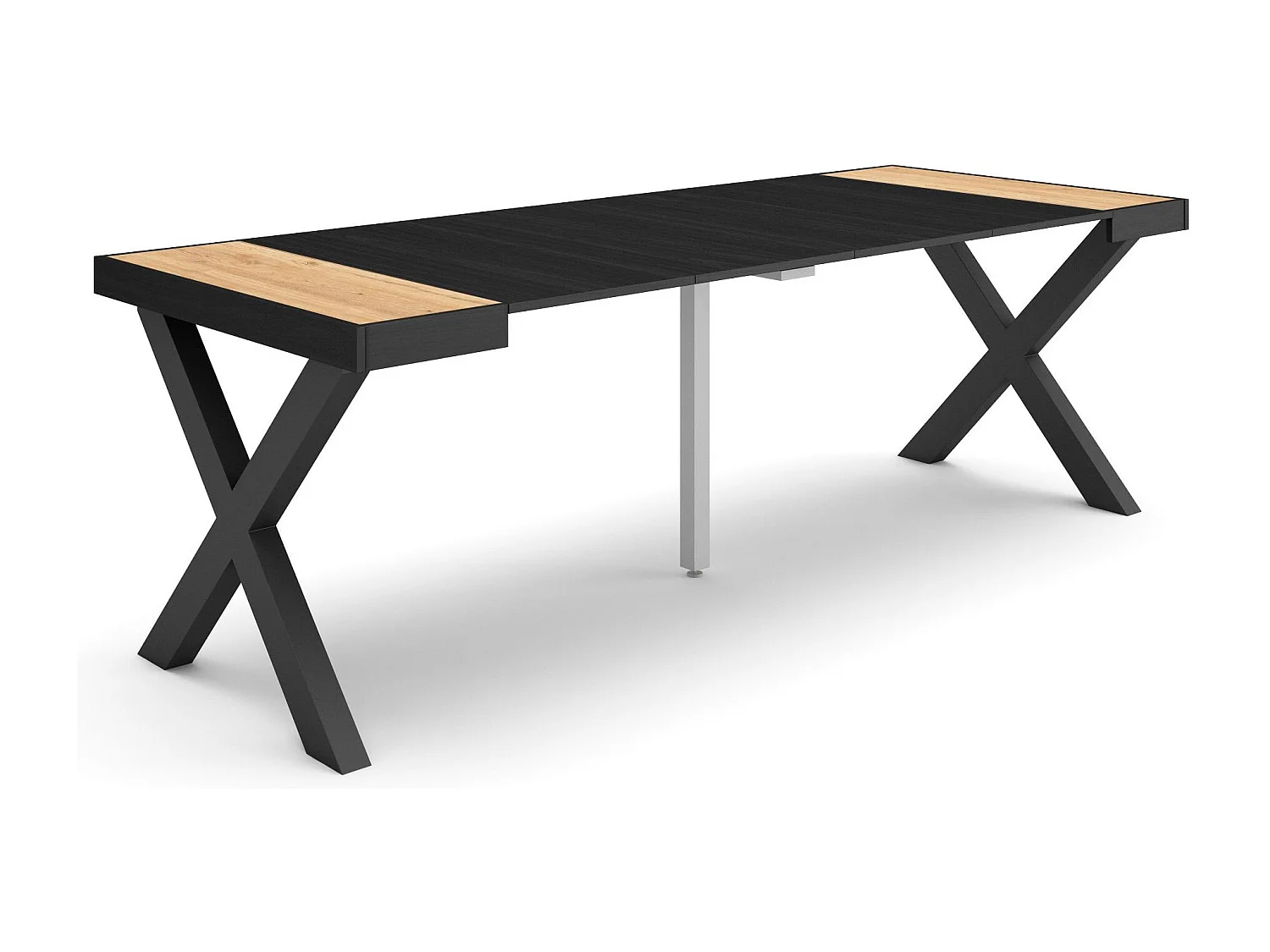 Uitschuifbare Consoletafel, 222x90x73cm, Voor 10 personen, Massief houten poten, Eiken/Zwart