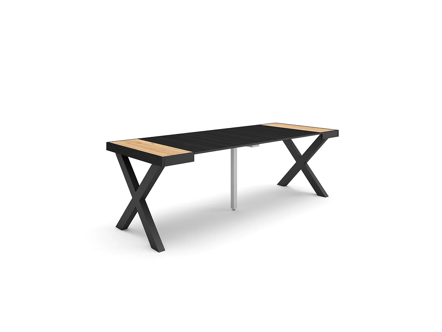 Uitschuifbare Consoletafel, 222x90x73cm, Voor 10 personen, Massief houten poten, Eiken/Zwart