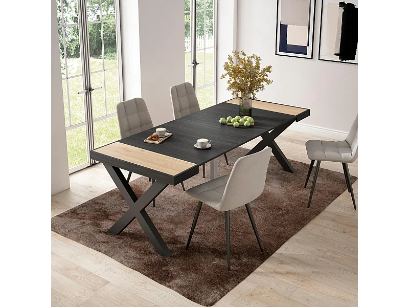 Table console extensible, 222x90x73cm, Pour 10 personnes, Pieds bois massif, Chêne et noir