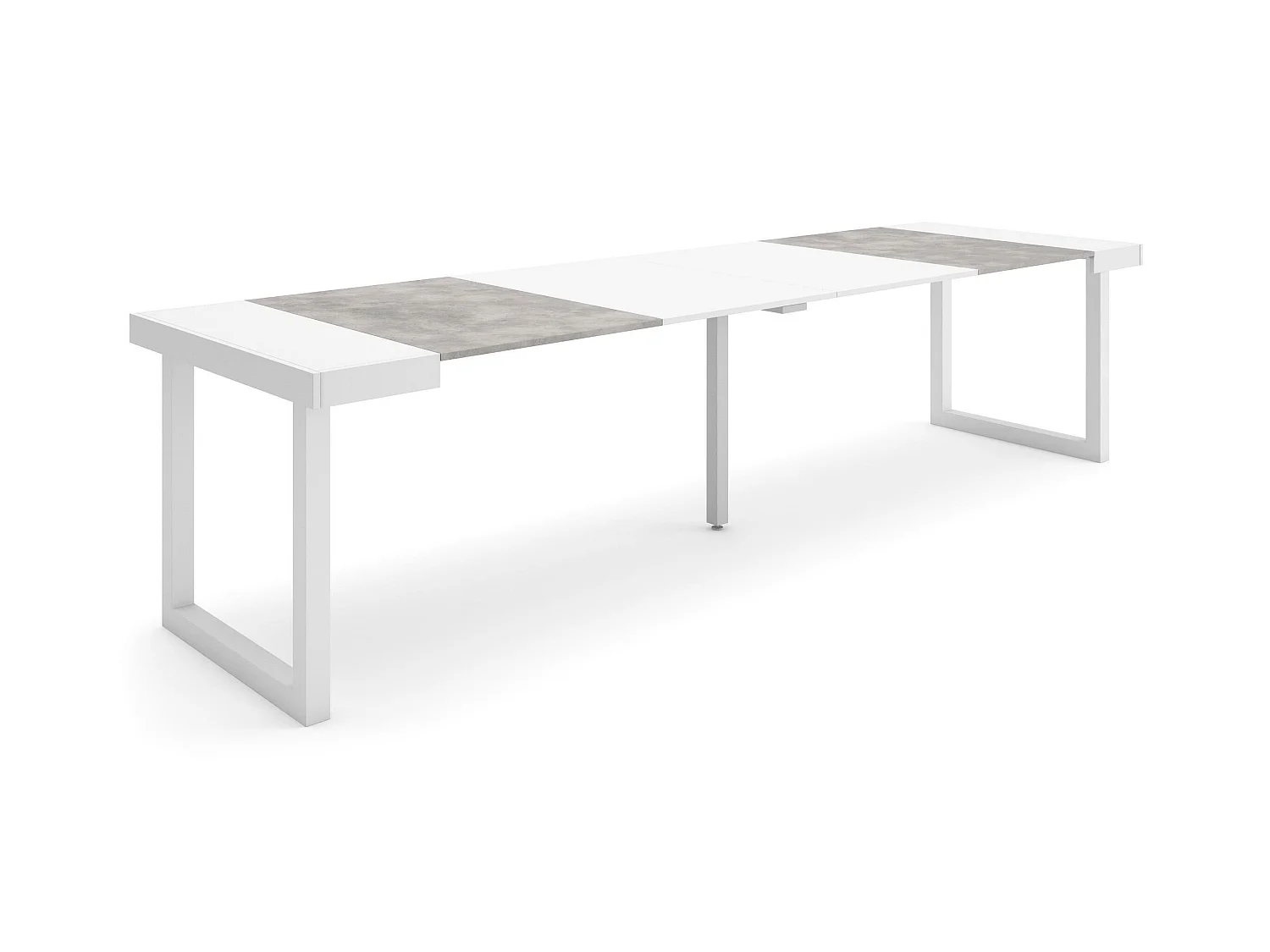 Table console extensible, 302x90x73cm, Pour 14 personnes, Pieds bois massif, Blanc et ciment