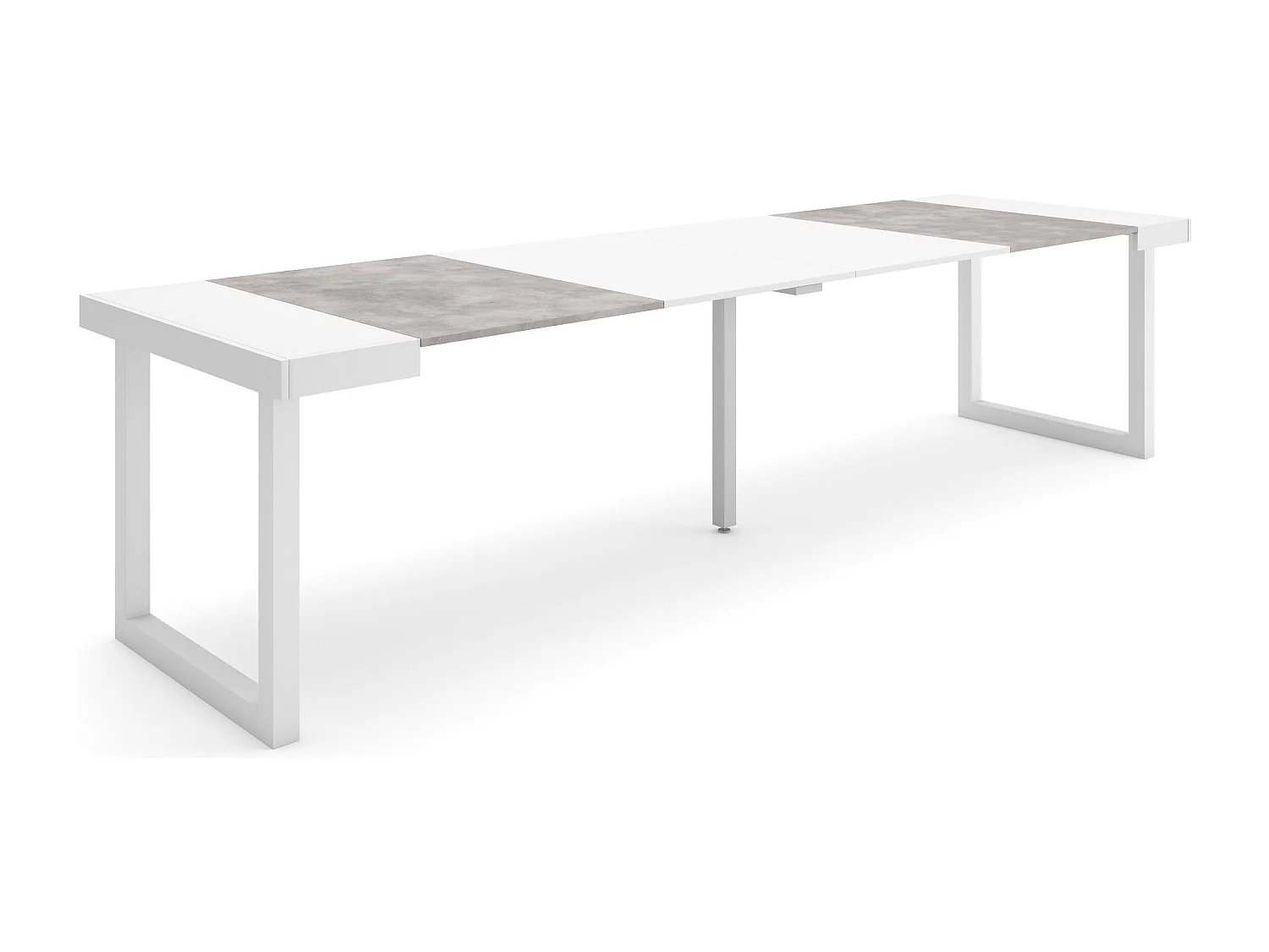 Uitschuifbare Consoletafel, 302x90x73cm, Voor 14 personen, Massief houten poten, Wit en Cement