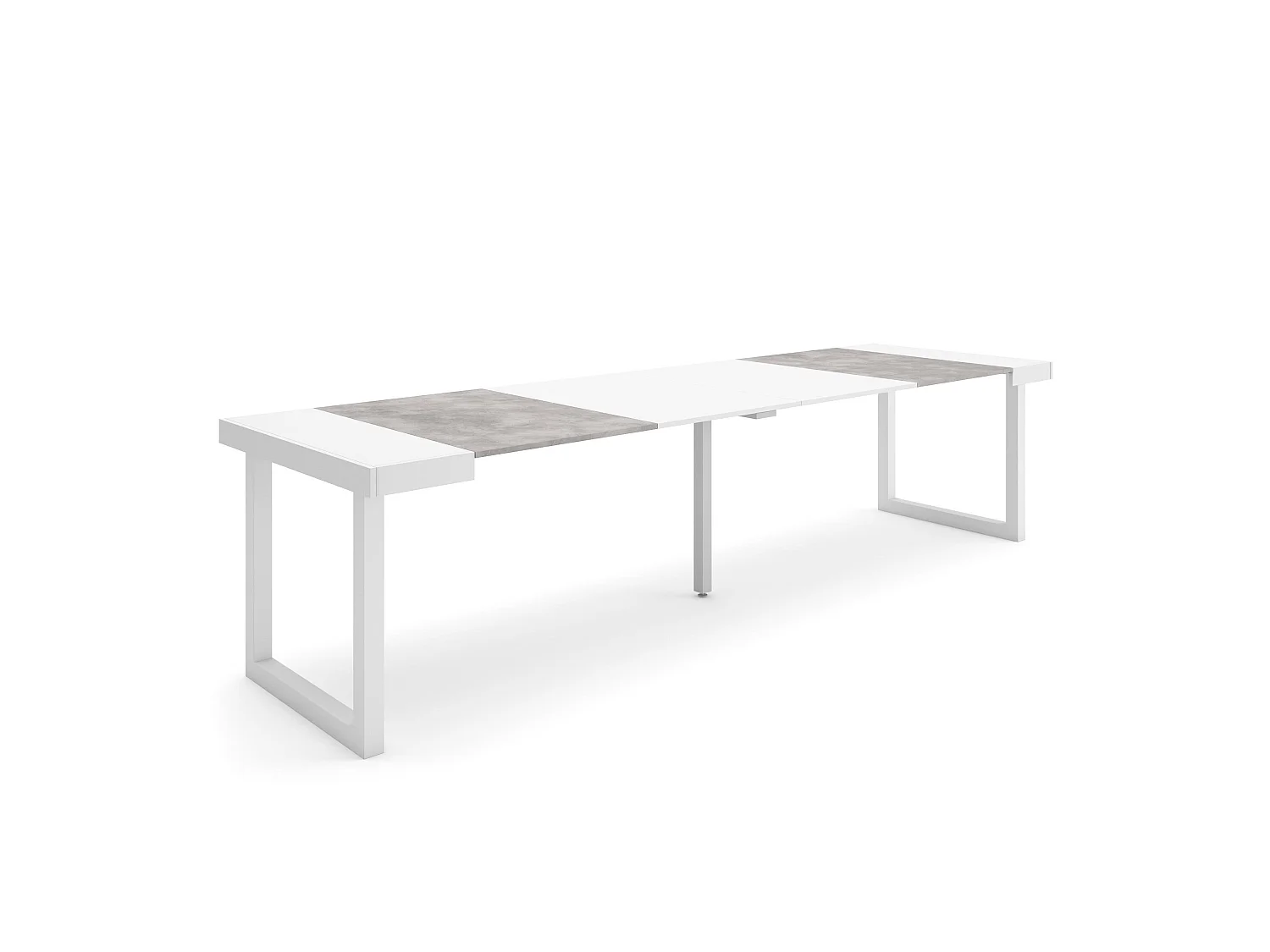 Mesa Consola extensible, 302x90x73cm, Para 14 comensales, Patas madera maciza, Blanco y Cemento