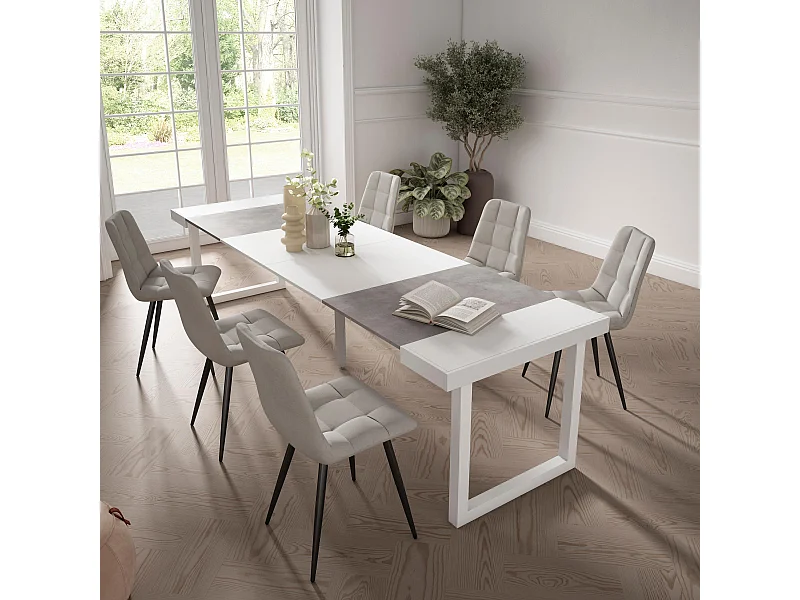 Table console extensible, 302x90x73cm, Pour 14 personnes, Pieds bois massif, Blanc et ciment